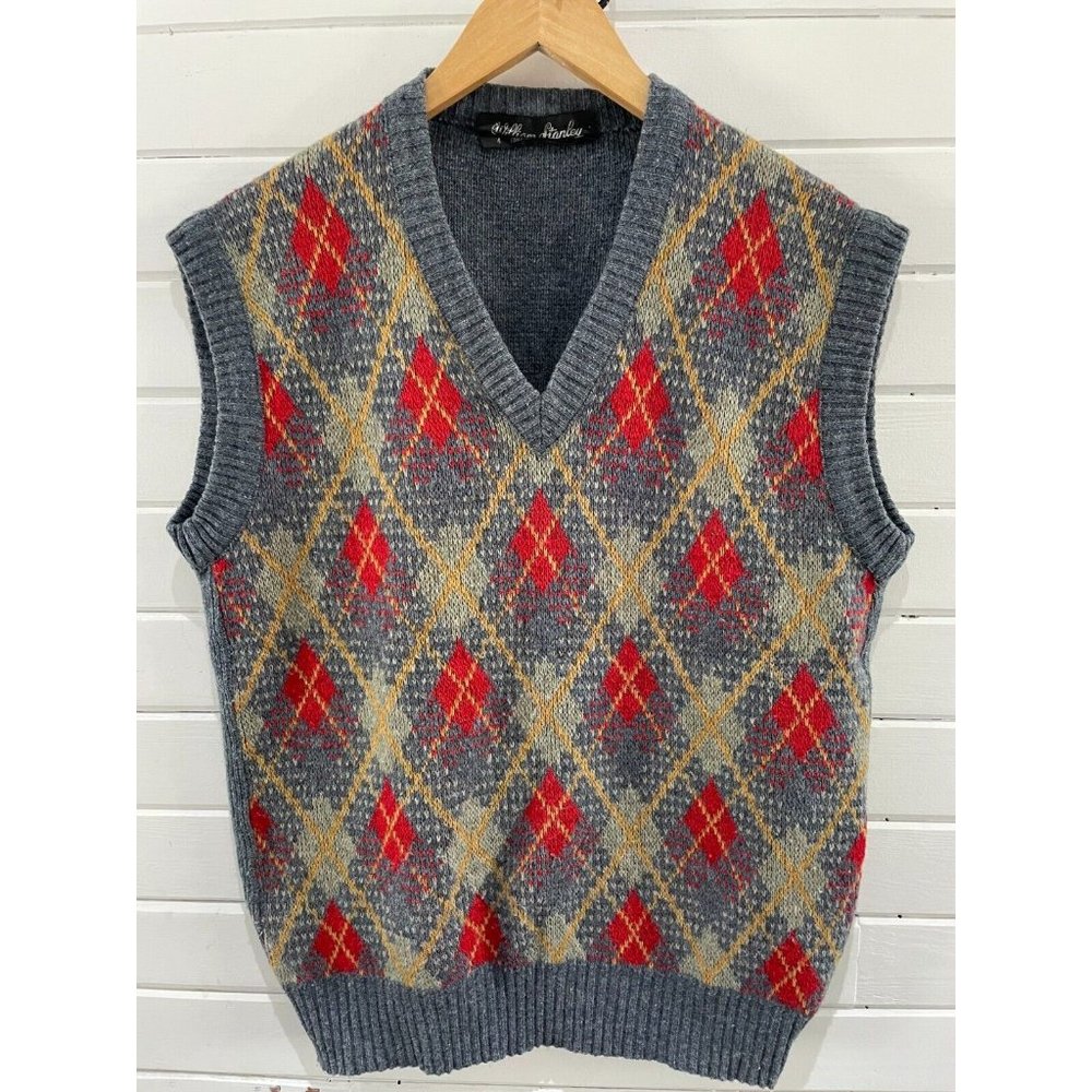 Vintage William Stanley Wool Sweater Vest Mens L Plaid Argyle France gray red